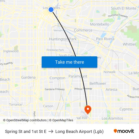 Spring St and 1st St E to Long Beach Airport (Lgb) map