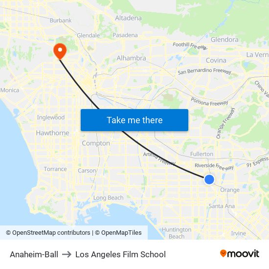 Anaheim-Ball to Los Angeles Film School map