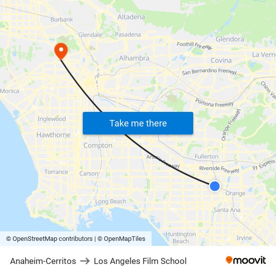 Anaheim-Cerritos to Los Angeles Film School map
