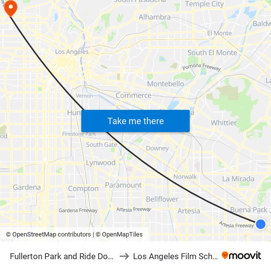 Fullerton Park and Ride Dock 5 to Los Angeles Film School map