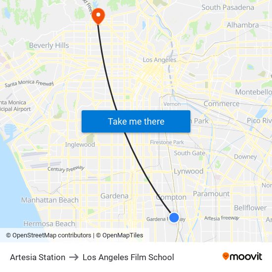 Artesia Station to Los Angeles Film School map