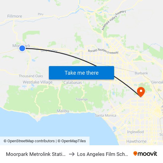 Moorpark Metrolink Station to Los Angeles Film School map