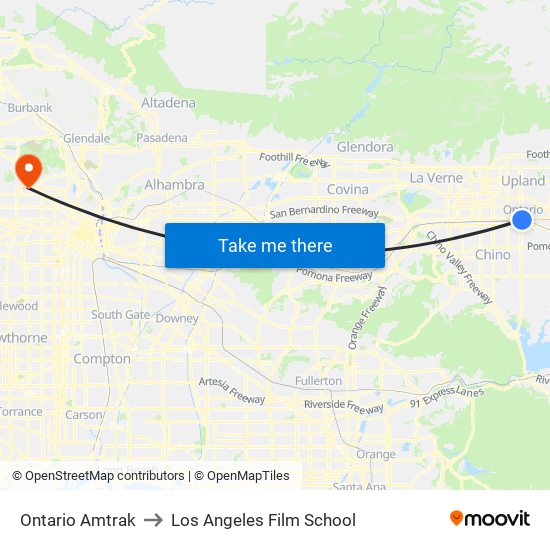 Ontario Amtrak to Los Angeles Film School map