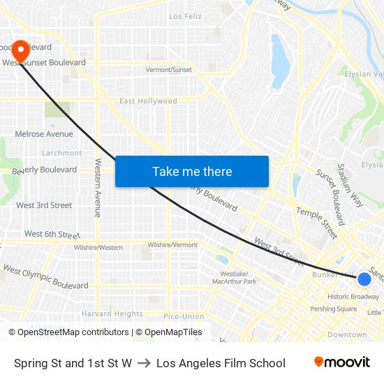 Spring St and 1st St W to Los Angeles Film School map