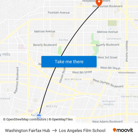 Washington Fairfax Hub to Los Angeles Film School map