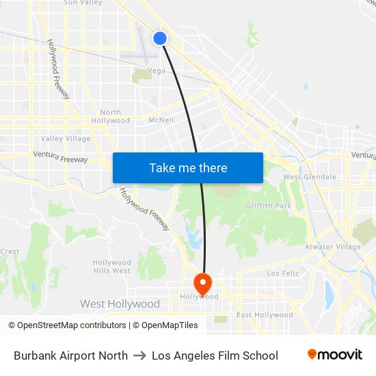 Burbank Airport North to Los Angeles Film School map