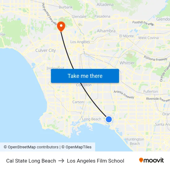Cal State Long Beach to Los Angeles Film School map