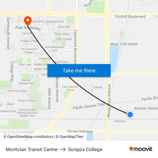 Montclair Transit Center to Scripps College map