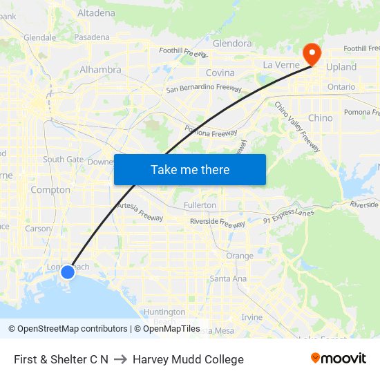 First & Shelter C N to Harvey Mudd College map