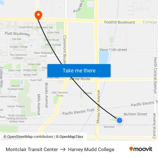 Montclair Transit Center to Harvey Mudd College map