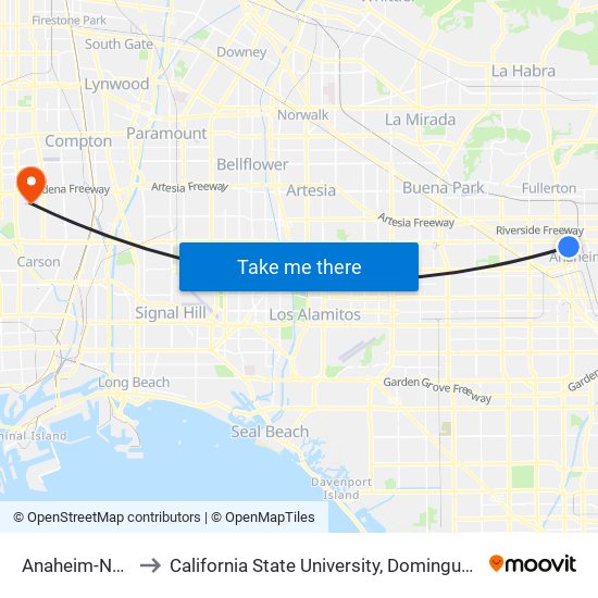 Anaheim-North to California State University, Dominguez Hills map