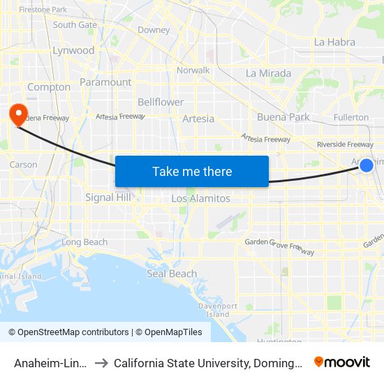 Anaheim-Lincoln to California State University, Dominguez Hills map