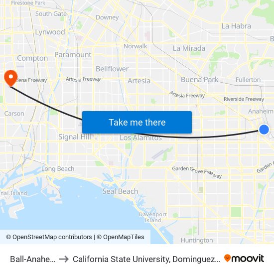 Ball-Anaheim to California State University, Dominguez Hills map