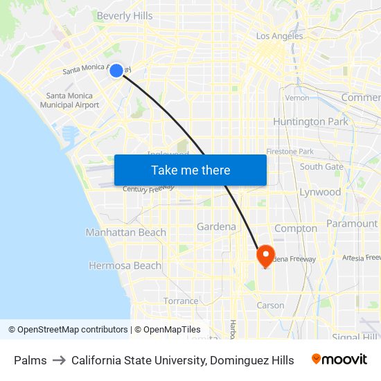 Palms to California State University, Dominguez Hills map
