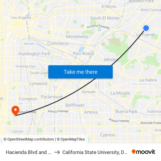 Hacienda Blvd and Amar Rd S to California State University, Dominguez Hills map