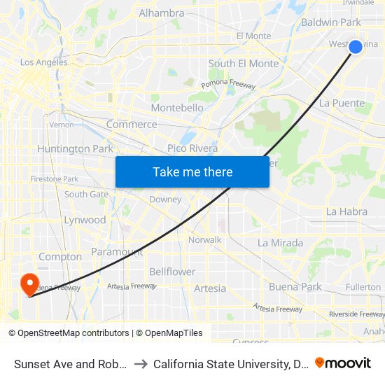 Sunset Ave and  Robert O Young to California State University, Dominguez Hills map