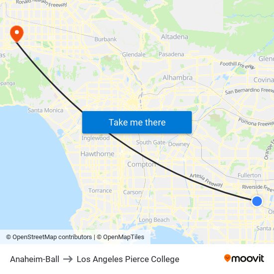 Anaheim-Ball to Los Angeles Pierce College map