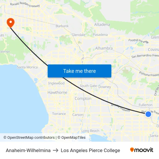 Anaheim-Wilhelmina to Los Angeles Pierce College map