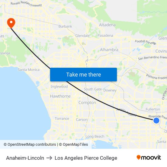 Anaheim-Lincoln to Los Angeles Pierce College map