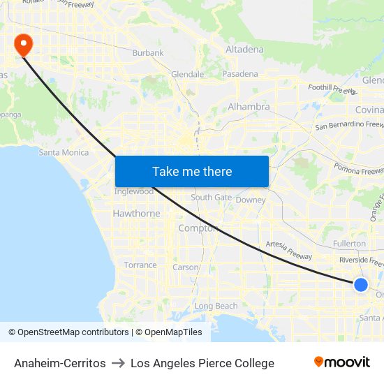 Anaheim-Cerritos to Los Angeles Pierce College map