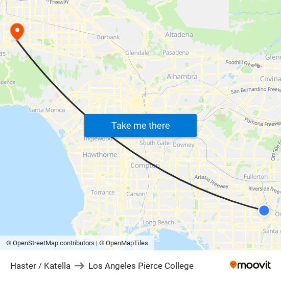 Haster / Katella to Los Angeles Pierce College map