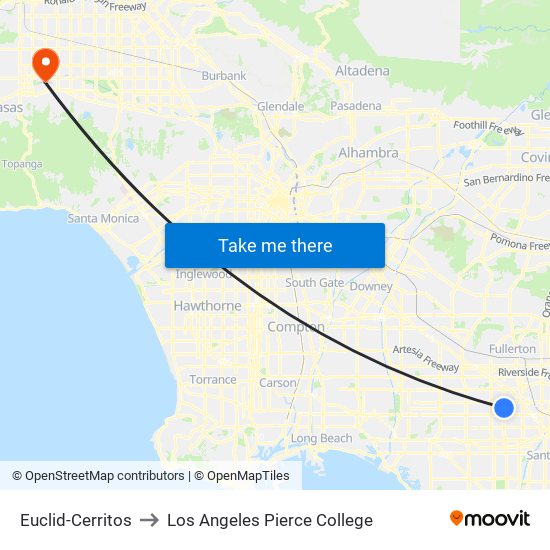 Euclid-Cerritos to Los Angeles Pierce College map