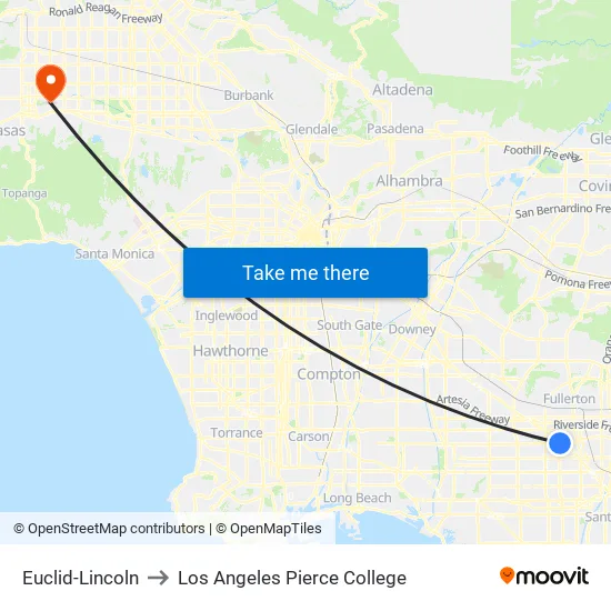 Euclid-Lincoln to Los Angeles Pierce College map