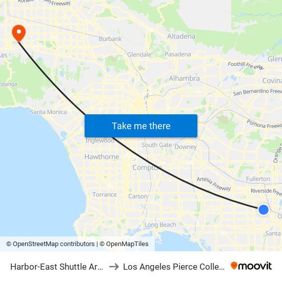 Harbor-East Shuttle Area to Los Angeles Pierce College map