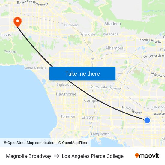 Magnolia-Broadway to Los Angeles Pierce College map