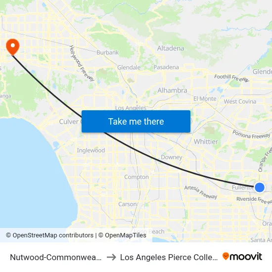 Nutwood-Commonwealth to Los Angeles Pierce College map