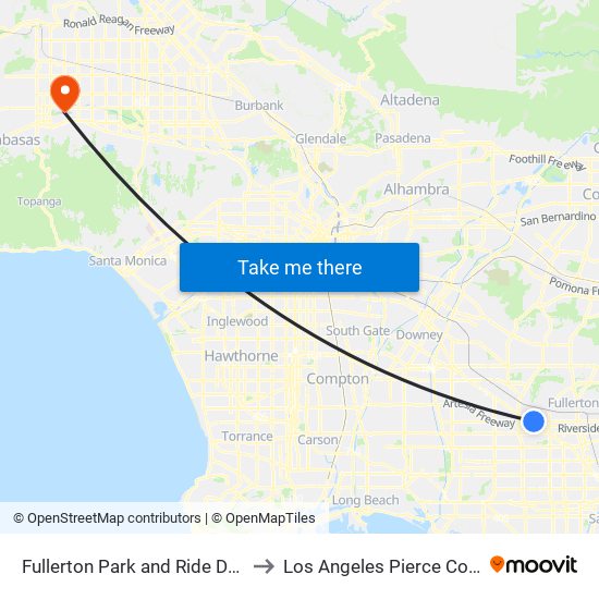 Fullerton Park and Ride Dock 5 to Los Angeles Pierce College map
