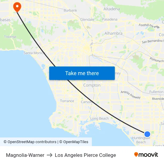 Magnolia-Warner to Los Angeles Pierce College map