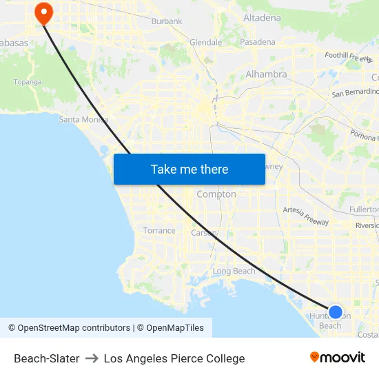 Beach-Slater to Los Angeles Pierce College map