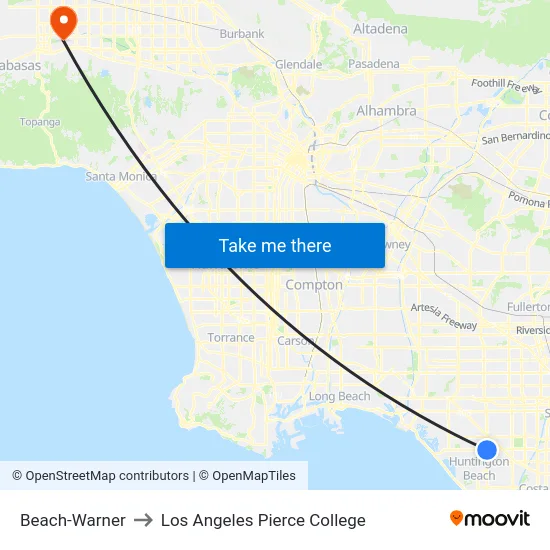 Beach-Warner to Los Angeles Pierce College map