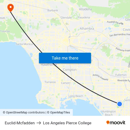 Euclid-Mcfadden to Los Angeles Pierce College map