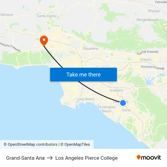 Grand-Santa Ana to Los Angeles Pierce College map