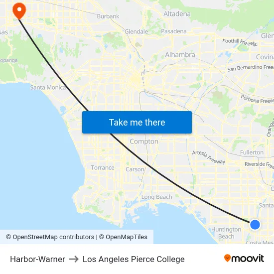 Harbor-Warner to Los Angeles Pierce College map