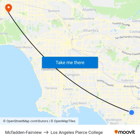 Mcfadden-Fairview to Los Angeles Pierce College map