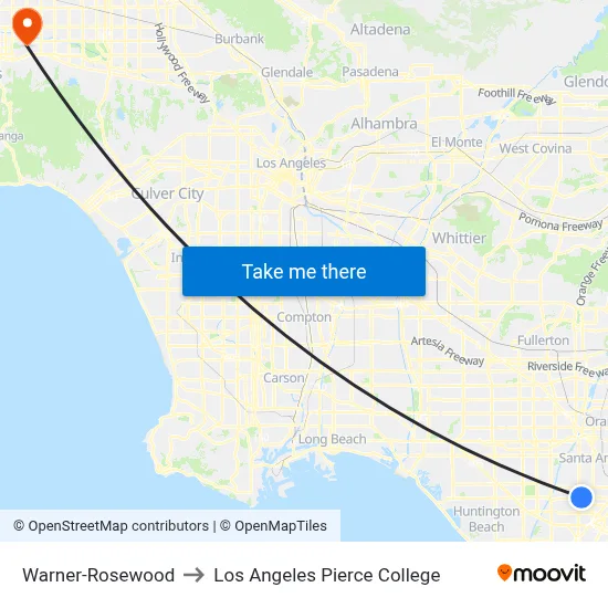 Warner-Rosewood to Los Angeles Pierce College map