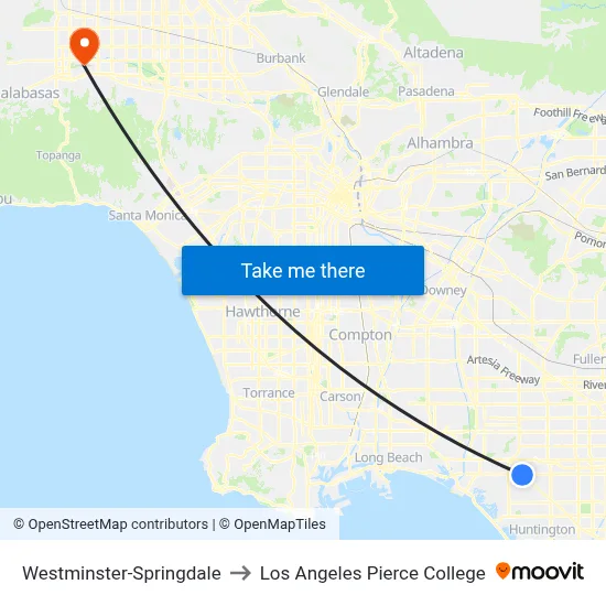 Westminster-Springdale to Los Angeles Pierce College map