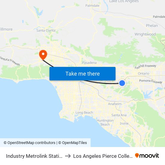 Industry Metrolink Station to Los Angeles Pierce College map