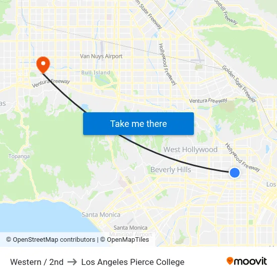 Western / 2nd to Los Angeles Pierce College map