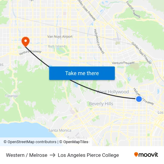Western / Melrose to Los Angeles Pierce College map