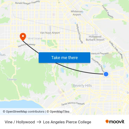 Vine / Hollywood to Los Angeles Pierce College map