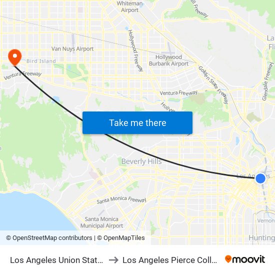 Los Angeles Union Station to Los Angeles Pierce College map