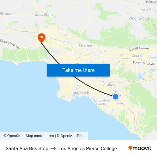 Santa Ana Bus Stop to Los Angeles Pierce College map