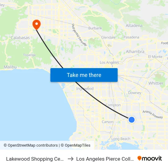 Lakewood Shopping Center to Los Angeles Pierce College map