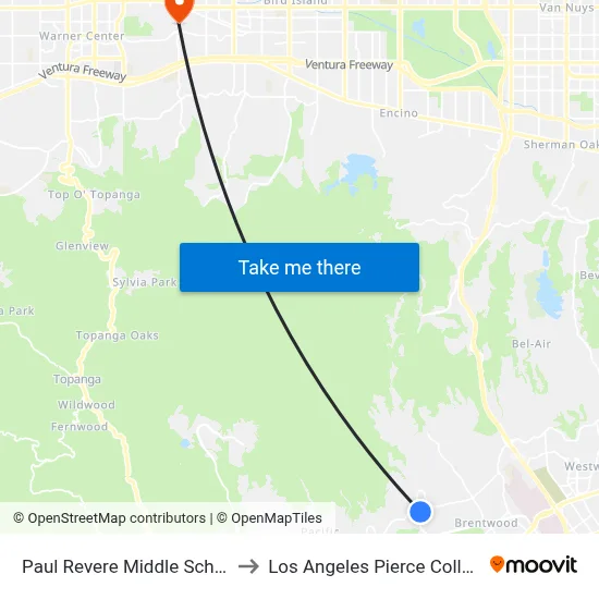 Paul Revere Middle School to Los Angeles Pierce College map