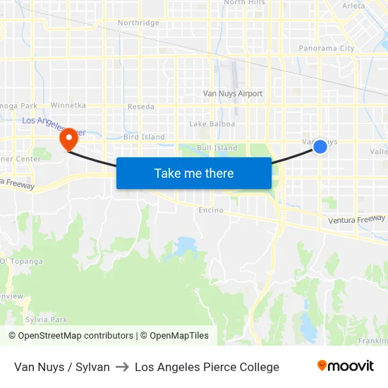 Van Nuys / Sylvan to Los Angeles Pierce College map