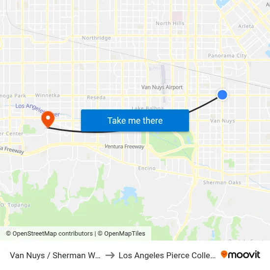 Van Nuys / Sherman Way to Los Angeles Pierce College map